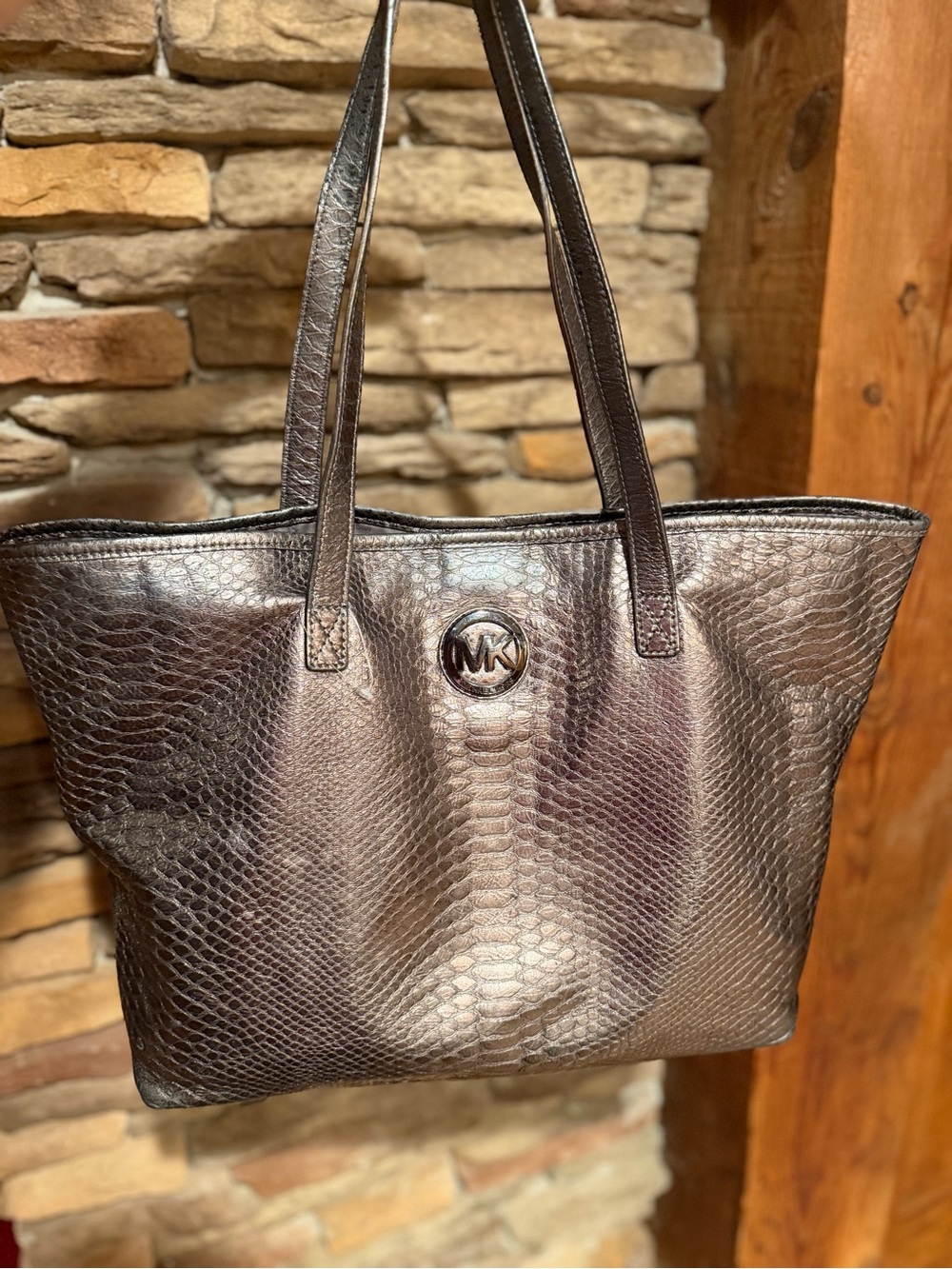 Michael Kors Metallic Silver MK Logo Tote Shoulder Bag